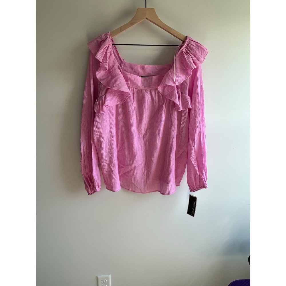Design 365 Textured Pink Long Sleeve Ruffle Square Neck Top Size Xl